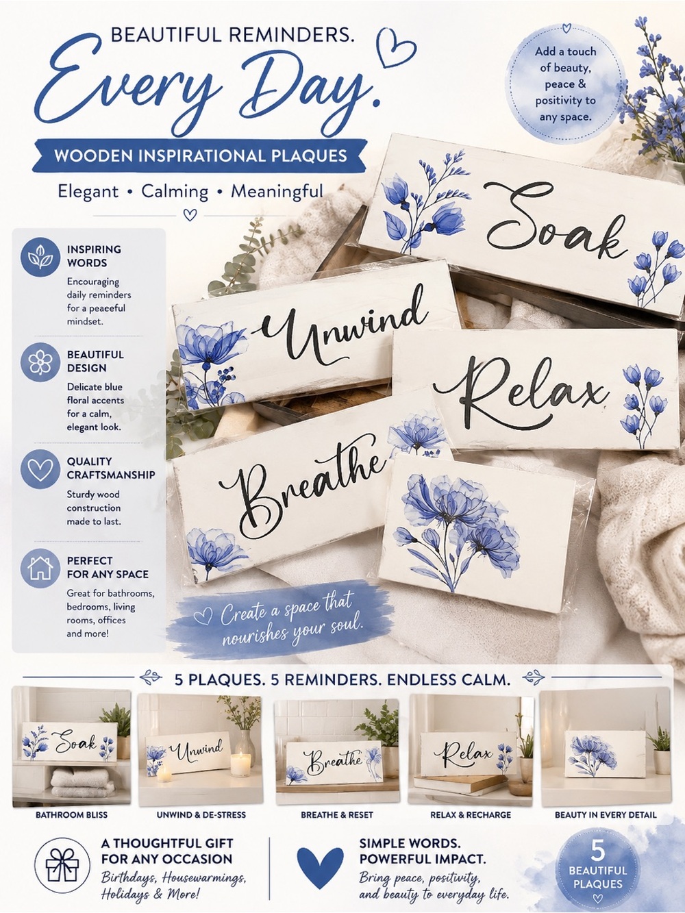 Every Day Wooden Inspirational Plaques - Blue Floral Set